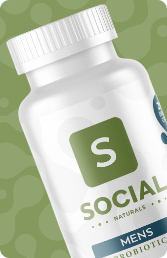 White Social Naturals Mens Probiotic supplement bottle with green label on a green background.