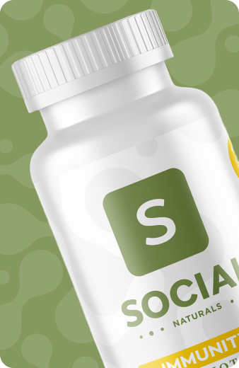 White Social Naturals Immunity supplement bottle with green label on a green background.