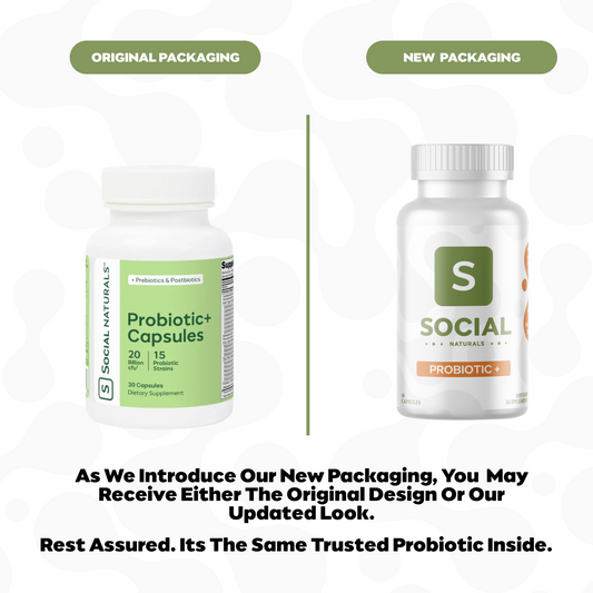 Comparison of original and new packaging for Social Naturals Probiotic+ Capsules.