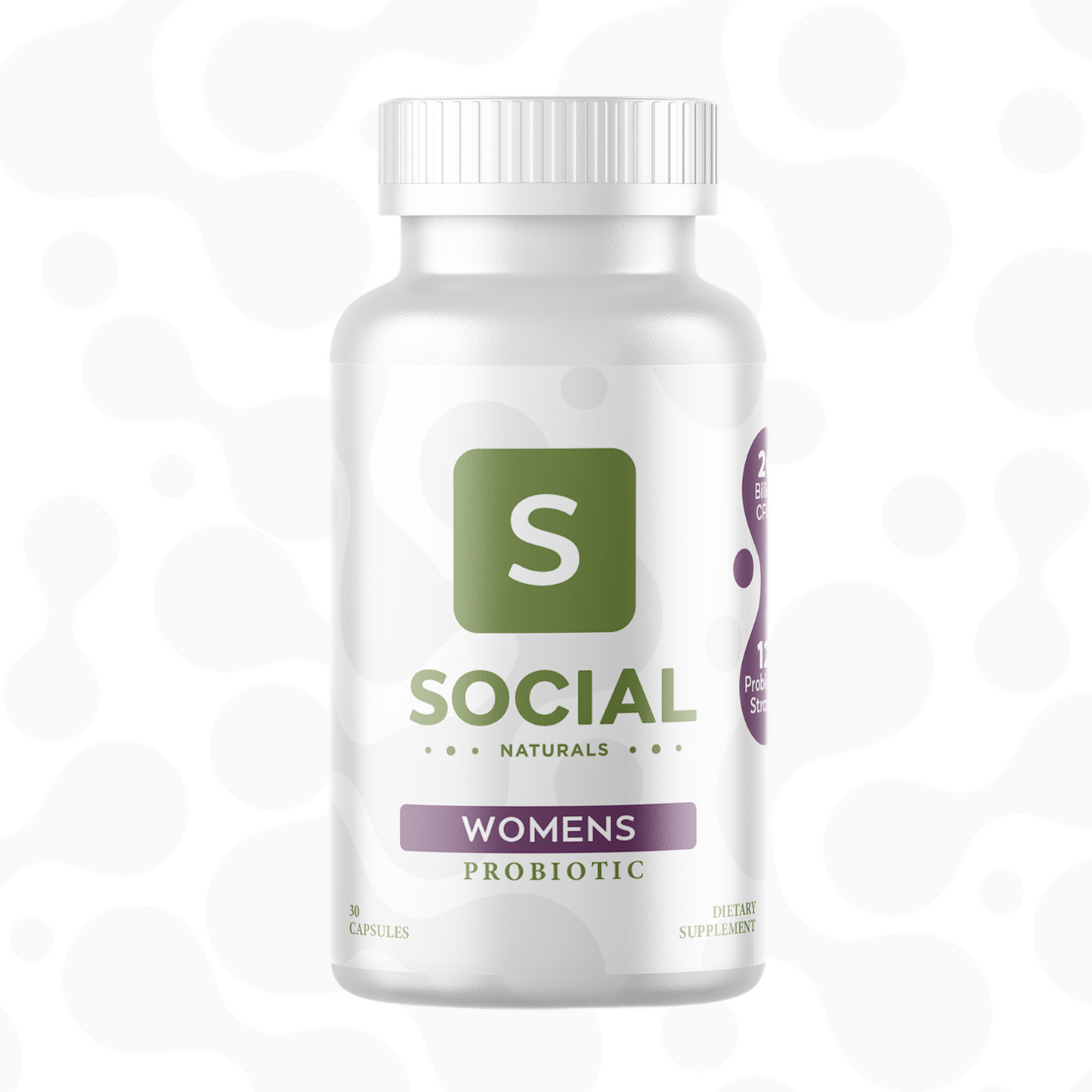 Bottle of Social Naturals Womens Probiotic, with green and purple label, on a white background