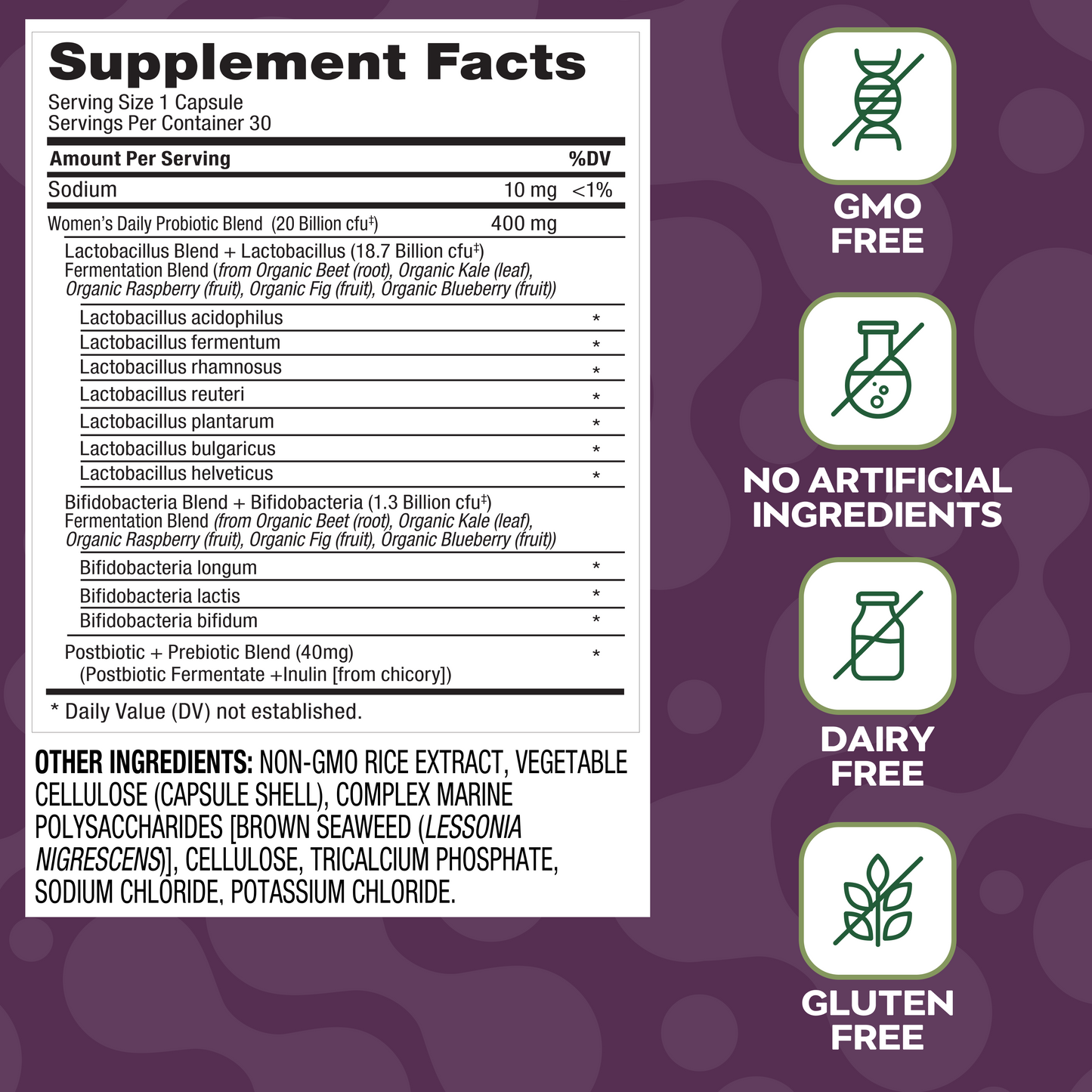 Social Naturals Womens Supplement facts label with dietary information on a purple background.