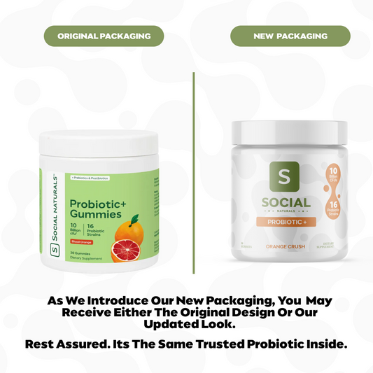 Comparison of original and new packaging for Social Naturals probiotic gummies.