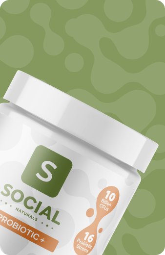 Probiotic supplement container with 'Social Naturals' branding on a green background.
