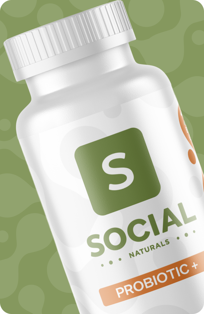 White Social Naturals Probiotic + supplement bottle with green and orange label on a green background.