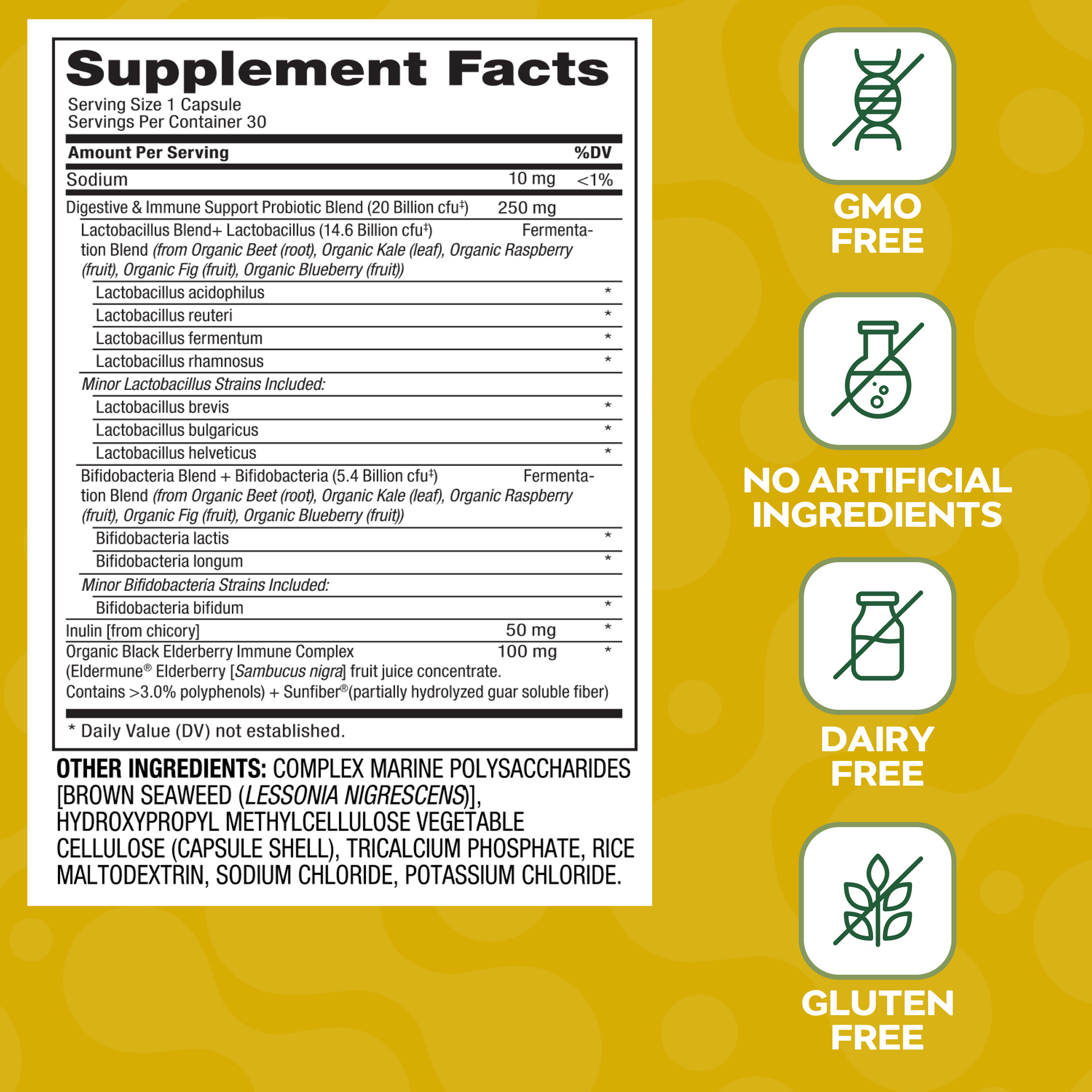 Social Naturals Immunity Supplement facts label with health benefits on a yellow background.