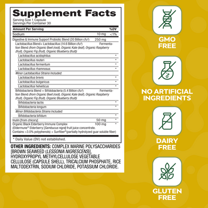 Social Naturals Immunity Supplement facts label with health benefits on a yellow background.