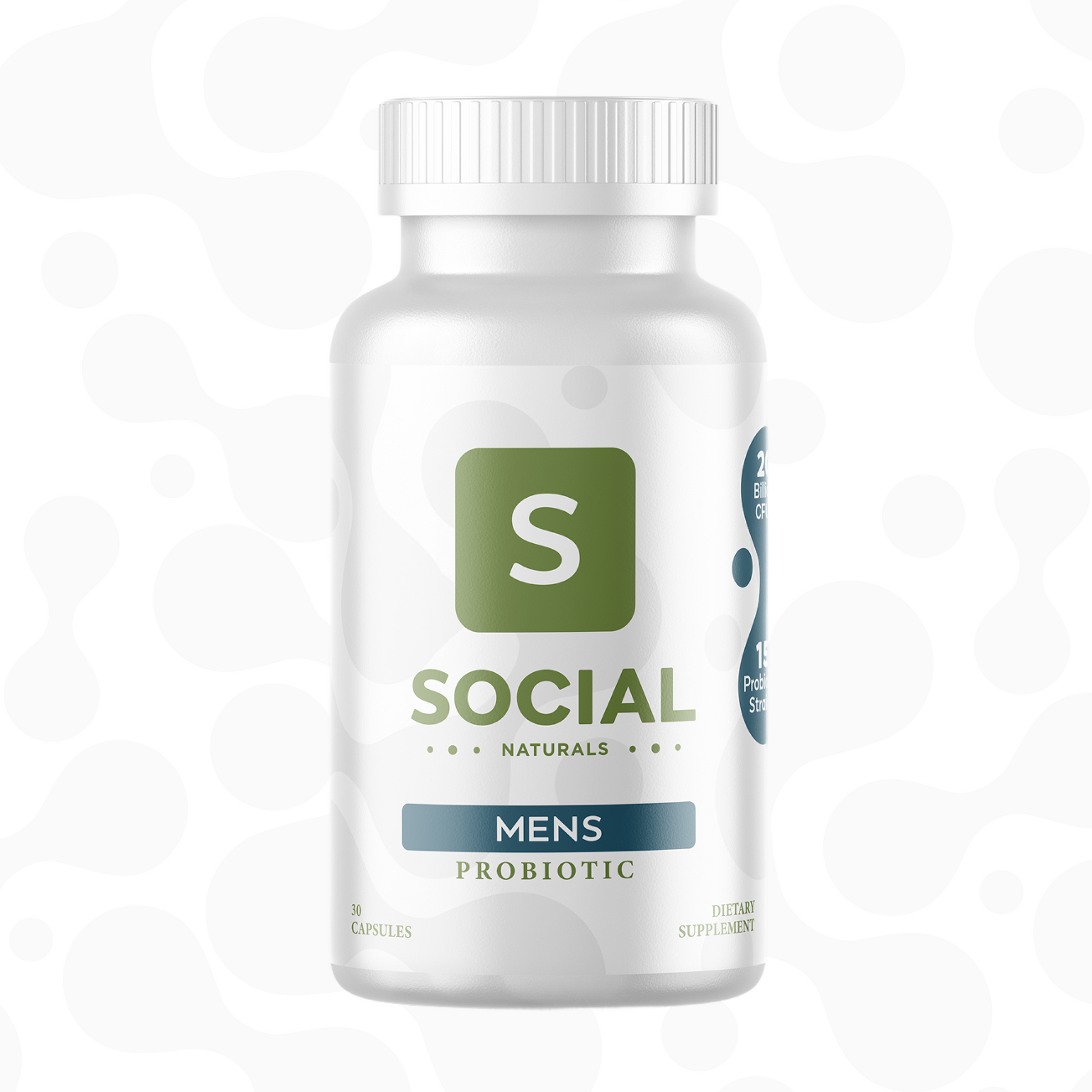 Bottle of Social Naturals Mens Probiotic, with blue-green label on a white background.