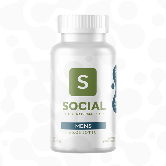 Bottle of Social Naturals Mens Probiotic, with blue-green label on a white background.