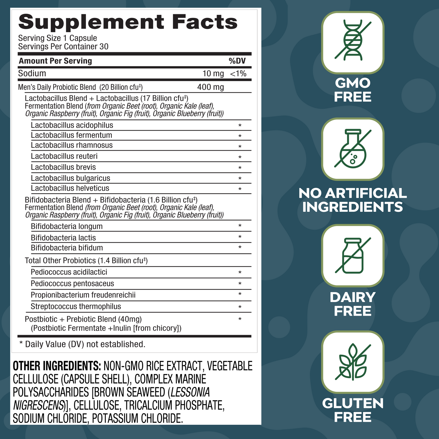 Social Naturals Mens Supplement label with ingredients and dietary information on a blue teal background.