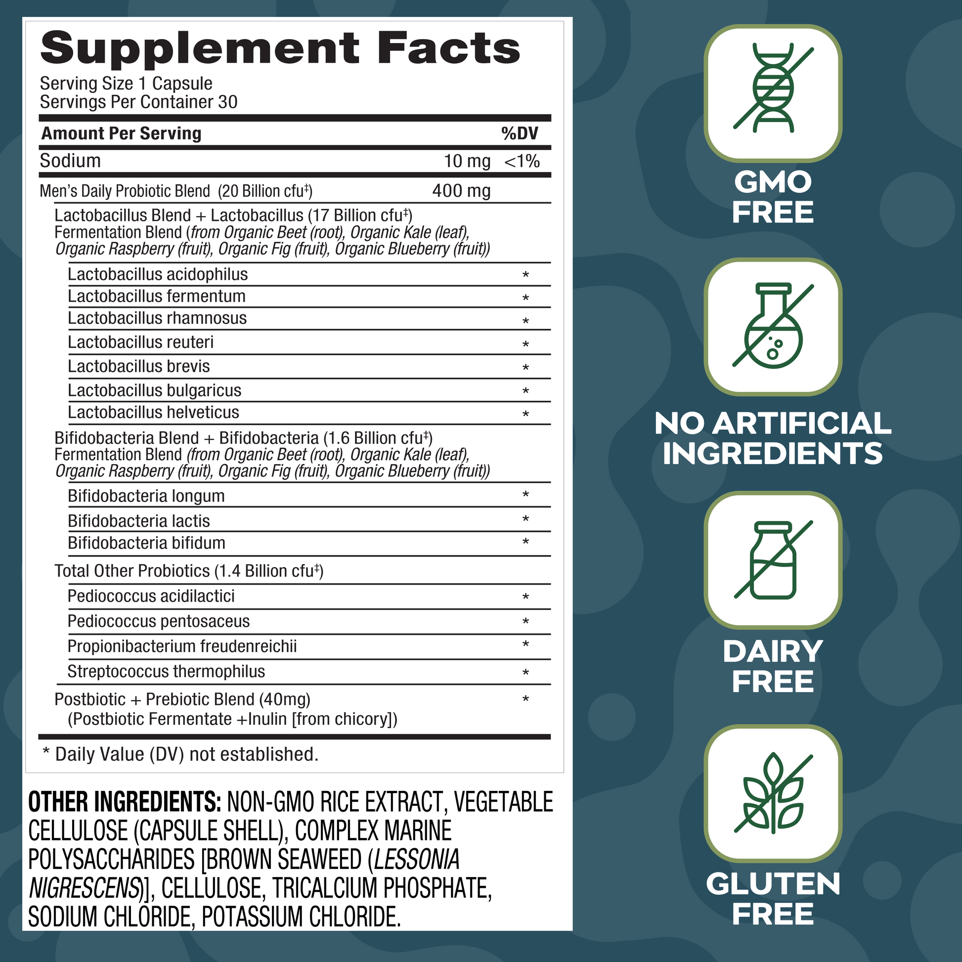 Social Naturals Mens Supplement label with ingredients and dietary information on a blue teal background.