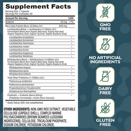 Social Naturals Mens Supplement label with ingredients and dietary information on a blue teal background.