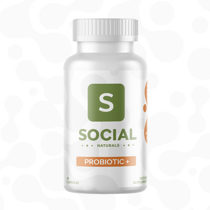 Bottle of Social Naturals Probiotic+ supplement on a white background.