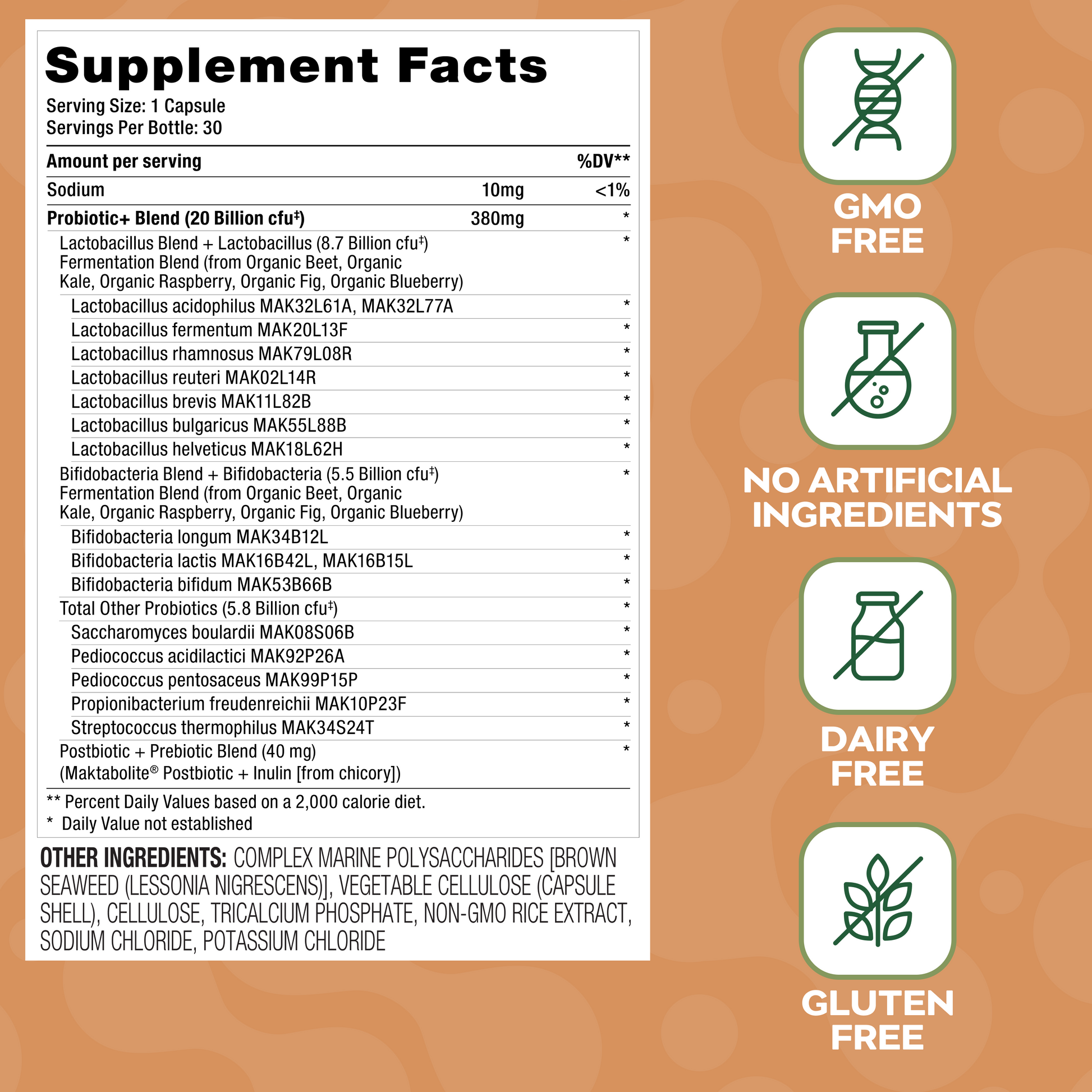 Social Naturals Probiotic Supplement facts label with health benefits on an orange brown background.