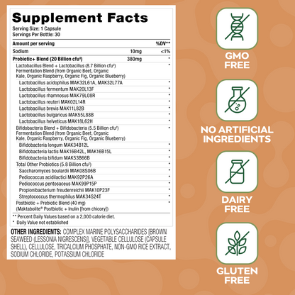 Social Naturals Probiotic Supplement facts label with health benefits on an orange brown background.