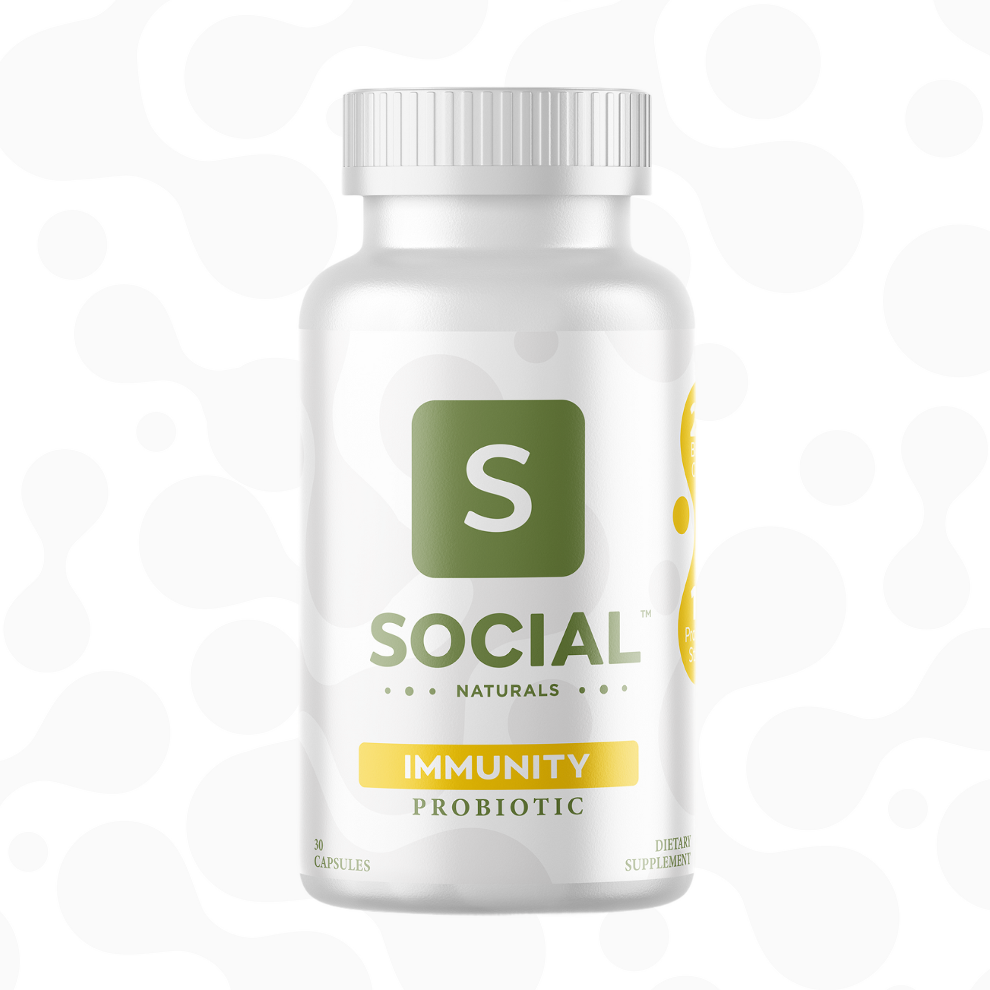 Bottle of Social Naturals Immunity Probiotic, with green and yellow label, on a white background.