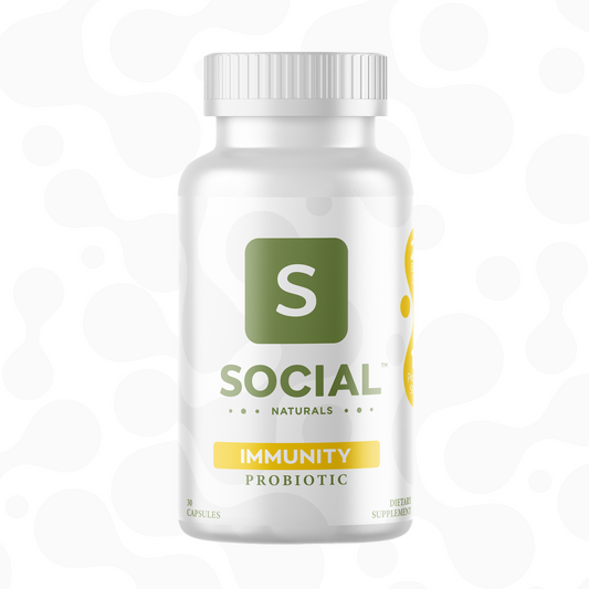 Bottle of Social Naturals Immunity Probiotic, with green and yellow label, on a white background.