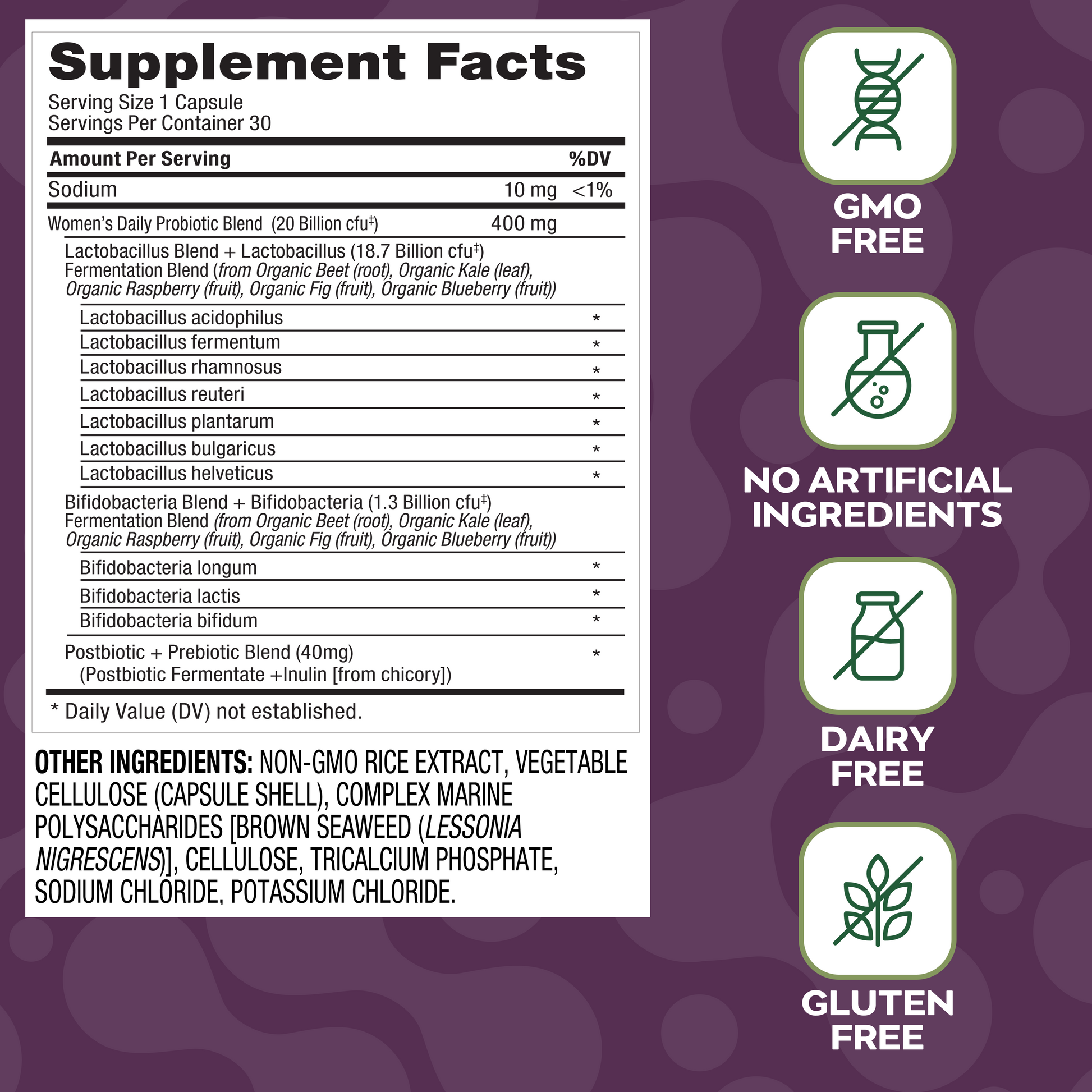 Social Naturals Womens Supplement facts label with dietary information on a purple background.