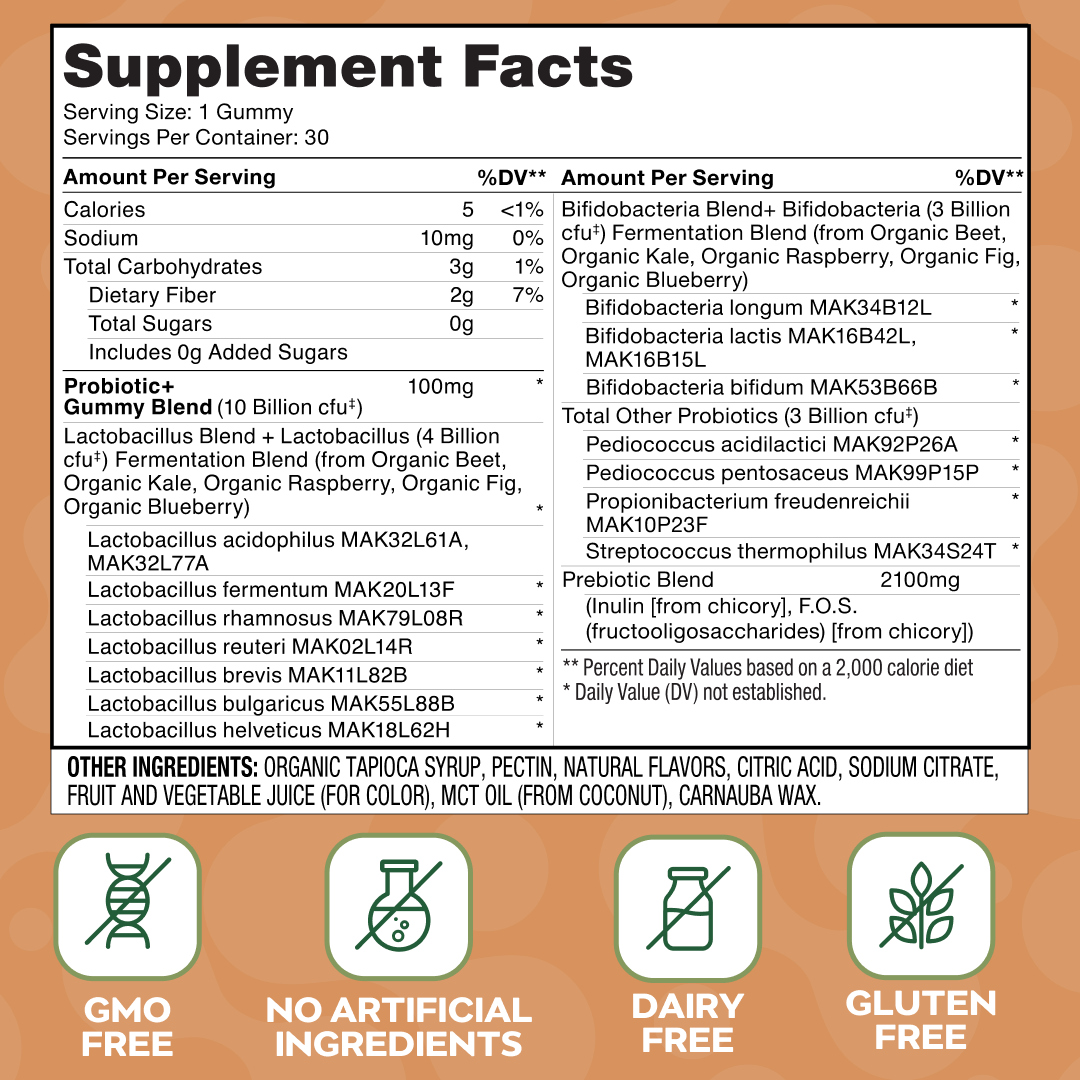 Social Naturals Gummy Probiotic Supplement facts label with ingredients and nutritional info.