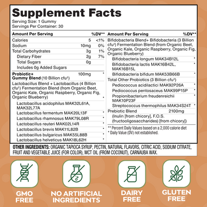Social Naturals Gummy Probiotic Supplement facts label with ingredients and nutritional info.