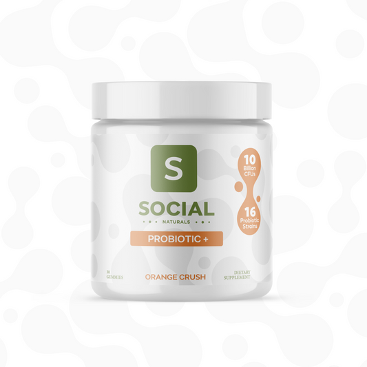 Supplement container labeled 'Social Naturals Probiotic + Orange Crush' on a white background.